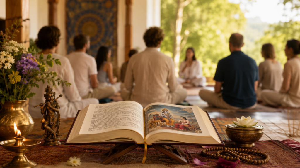 Aufgeschlagene Bhagavad Gita mit Krishna-Figur und Lotus, im Hintergrund Teilnehmer beim Pfingstseminar in Meditation